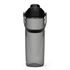 A drink bottle in translucent grey with a black lid and handle, featuring a logo on the side.