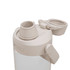 A drink bottle in a light beige colour with a wide mouth opening and a secure lid. It features a logo.