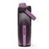 A drink bottle in purple and black with a screw-top lid and a convenient handle. It features a logo.