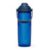A drink bottle in a vibrant blue colour with a flip-top lid and a handle. It features a logo on the side.
