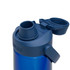 A drink bottle in blue with a wide mouth, a flip-top cap, and a spout, featuring a logo on the side.