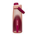 A drink bottle in shades of pink and red, featuring a logo and a flip-top cap with a carrying handle.