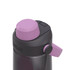 A drink bottle in black with a purple lid and spout, featuring a logo on the side.