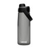 A drink bottle in a translucent grey colour with a black lid and spout, featuring a handle and a logo.