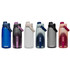 A drink bottle collection featuring shades of blue, pink, grey, and clear, each with a flip-top lid and branded logo.