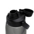 A drink bottle with a grey body and a black, flip-top lid featuring a spout and a brand logo.