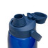 A drink bottle in a deep blue colour, featuring a screw top with a spout and a safety lid. It has a logo on the side.