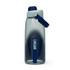 A drink bottle in grey with a navy blue lid and handle, featuring a logo on the side.