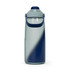 A drink bottle featuring a gradient design in grey and navy blue, complete with a handle and a screw-top lid, and a logo.