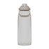 A drink bottle featuring a clear design with a beige lid and handle, designed for easy hydration.