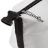 A white and black cooler bag features a zippered opening and a textured fabric. It includes a black clip and rope detail.