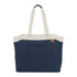 A navy blue and cream tote bag with dual handles and a logo. Spacious design suitable for carrying items.