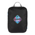 A black packing cube with a geometric logo, featuring shades of blue and purple. It has a zip closure and a handle.