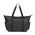 A black packable travel duffel bag with sturdy handles and side pockets. It features a logo on the front.