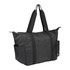 A black packable travel duffel bag with dual handles and side pockets, featuring a logo.