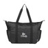 A packable travel duffel bag in black with a logo, featuring sturdy handles and a zip closure.