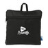 A packable travel duffel bag in black, featuring a logo and a top handle for easy carrying.