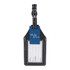 A black luggage tag featuring a holder for an AirTag, with a blue tag for personal details.