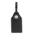 A black luggage tag with a sleek design, featuring an AirTag holder and white stitching detail.