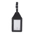 A black luggage tag with a clear window for information, featuring a strap and contrasting stitching.