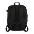 A black travel backpack featuring padded straps and multiple compartments. It has a branding logo visible.