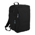 A black travel backpack with multiple zippered compartments and adjustable straps, featuring a branding logo.