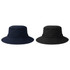 Two recycled surf hats are displayed, one in navy blue and the other in black, both with wide brims and a logo.