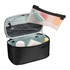A black toiletry bag with a removable pouch, featuring a toothbrush, toothpaste, and travel-sized containers inside.