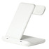 A white 3-in-1 wireless charger with a stand and an attachment for charging smart devices. It features a logo.