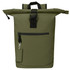 An olive green roll-top backpack with a front zip pocket and a detachable tag. It features a sturdy black clip closure.
