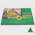 A large, rectangular counter mat featuring a vibrant design in green and yellow, with an emblem and a logo.