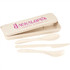 A bamboo fibre cutlery set in cream colour, including a spoon, fork, and knife, housed in a matching case with a logo.