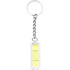 A yellow leveller key chain with a clear rectangular body and a silver chain attachment.