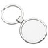 A silver metal keyring featuring a round design with a smooth, blank surface and a sturdy attachment ring.