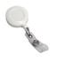 A white retractable badge holder with a clear clip attachment for securing badges or cards.