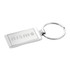 A silver wave metal key ring featuring a branding logo on a rectangular design.