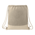 A beige drawstring bag made from recycled cotton, featuring a contrasting cream section and natural-coloured drawstrings.