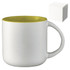 A ceramic mug with a white body and a yellow rim, accompanied by a gift box.