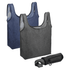 A set of three reusable grocery bags in navy blue and grey, including a compact carrying pouch.