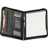A black portfolio featuring an inner calculator, card slots, and a notepad with lined pages.