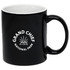 A black coffee mug with a logo featuring mountains and sunburst design. Holds 300ml.