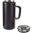 A travel mug featuring a matte black finish, cork handle, and a clear lid.