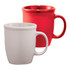 A ceramic mug set featuring a red and a white mug with ergonomic handles, suitable for coffee or tea.
