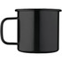 A black enamel metal cup with a handle, featuring a glossy finish and a simple design.