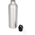 A drink bottle made of stainless steel with a sleek silver finish and a black cap attachment.