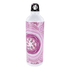 A drink bottle featuring a pink design, with a black lid and a logo on the side. Made of aluminium.