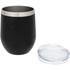 A drink bottle with a black exterior and stainless steel rim, accompanied by a clear lid.