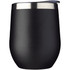 A drink bottle in matte black with a stainless steel rim and a lid, designed for insulated beverage storage.