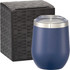 A drink bottle in navy blue with a silver rim, placed beside its packaging. It features a transparent lid.