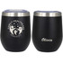 A drink bottle in matte black with a silver rim and a logo, featuring a personalised engraving on one side.